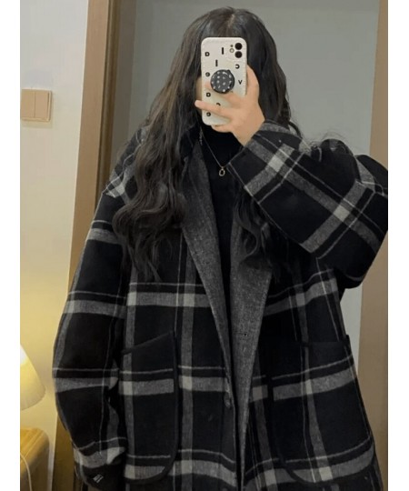 Black White Woolen Coat Autumn Winter Korean Loose Slim Hong Kong Style Retro Tweed Jacket Female Long Plaid Tweed Coat $67.5...