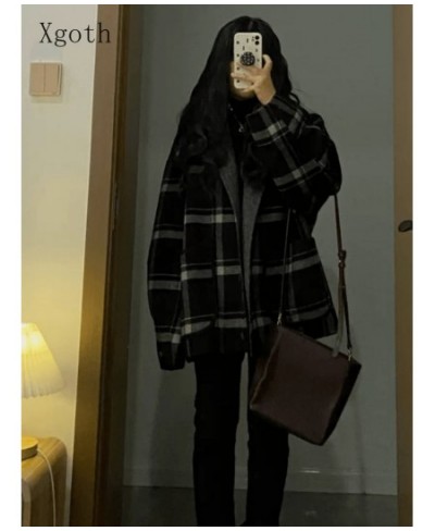 Black White Woolen Coat Autumn Winter Korean Loose Slim Hong Kong Style Retro Tweed Jacket Female Long Plaid Tweed Coat $67.5...