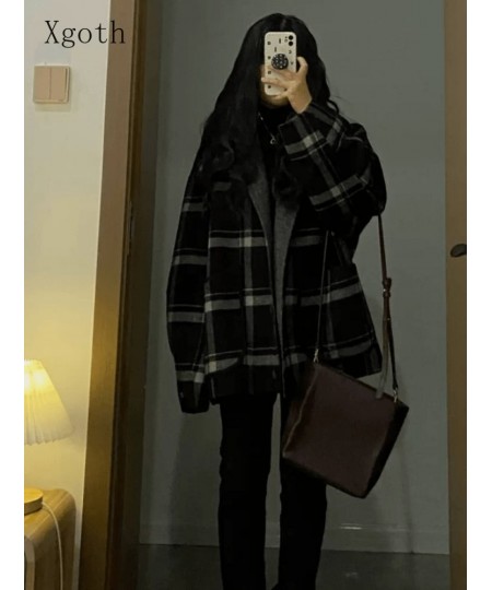 Black White Woolen Coat Autumn Winter Korean Loose Slim Hong Kong Style Retro Tweed Jacket Female Long Plaid Tweed Coat $67.5...