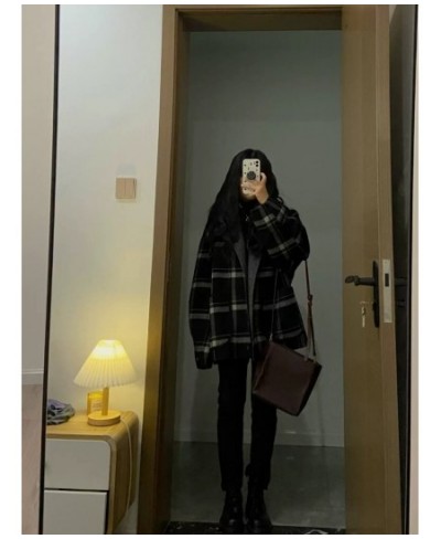 Black White Woolen Coat Autumn Winter Korean Loose Slim Hong Kong Style Retro Tweed Jacket Female Long Plaid Tweed Coat $67.5...