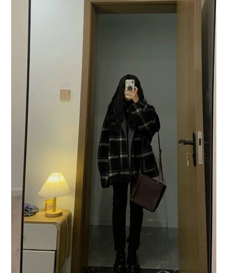 Black White Woolen Coat Autumn Winter Korean Loose Slim Hong Kong Style Retro Tweed Jacket Female Long Plaid Tweed Coat $67.5...