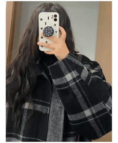 Black White Woolen Coat Autumn Winter Korean Loose Slim Hong Kong Style Retro Tweed Jacket Female Long Plaid Tweed Coat $67.5...