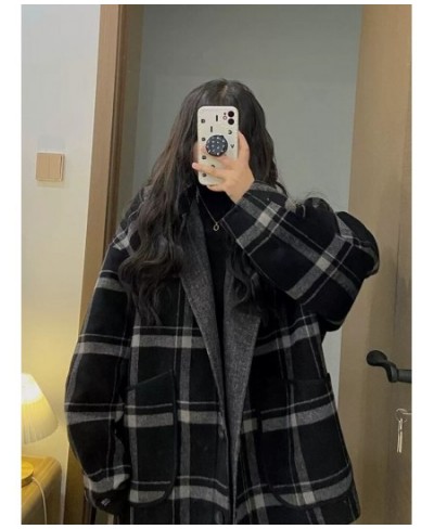 Black White Woolen Coat Autumn Winter Korean Loose Slim Hong Kong Style Retro Tweed Jacket Female Long Plaid Tweed Coat $67.5...