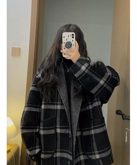 Black White Woolen Coat Autumn Winter Korean Loose Slim Hong Kong Style Retro Tweed Jacket Female Long Plaid Tweed Coat $67.5...