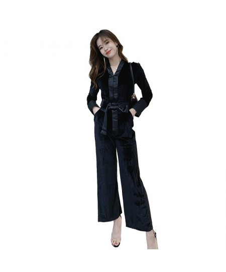 2023 Women Long Sleeve Casual Rompers Overalls Elegant Office Ladies Solid Long Pants Jumpsuits Autumn V Neck Velvet Jumpsuit...