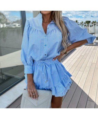 Women 2023 Long Sleeve Top High Waist Belt Outfits Striped Print Mini Skirt Sets Lady Button Lapel Shirts Summer Shorts Suits...