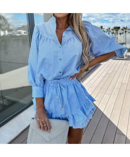 Women 2023 Long Sleeve Top High Waist Belt Outfits Striped Print Mini Skirt Sets Lady Button Lapel Shirts Summer Shorts Suits...