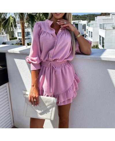 Women 2023 Long Sleeve Top High Waist Belt Outfits Striped Print Mini Skirt Sets Lady Button Lapel Shirts Summer Shorts Suits...