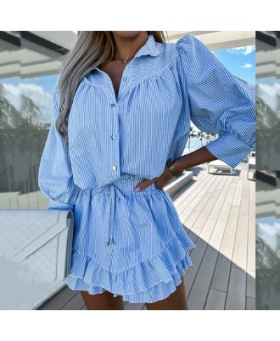 Women 2023 Long Sleeve Top High Waist Belt Outfits Striped Print Mini Skirt Sets Lady Button Lapel Shirts Summer Shorts Suits...