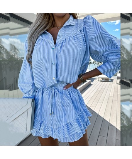 Women 2023 Long Sleeve Top High Waist Belt Outfits Striped Print Mini Skirt Sets Lady Button Lapel Shirts Summer Shorts Suits...