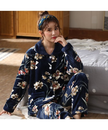 Warm Flannel Pajamas Set For Women Thick Coral Velvet Long Sleeve Pyjamas Sets nightgown Pijama Suit Mujer female Homewear $4...