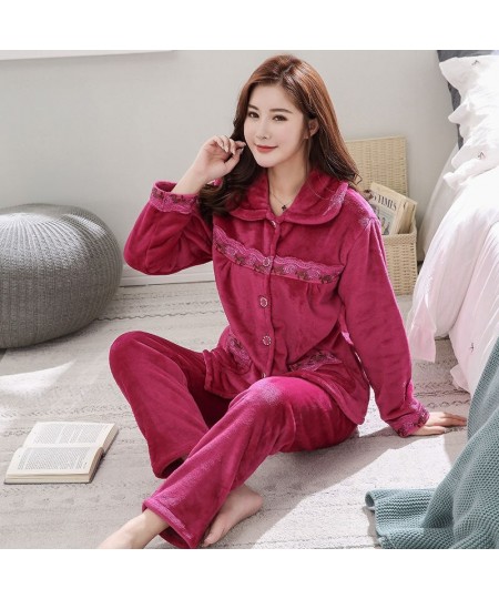 Warm Flannel Pajamas Set For Women Thick Coral Velvet Long Sleeve Pyjamas Sets nightgown Pijama Suit Mujer female Homewear $4...