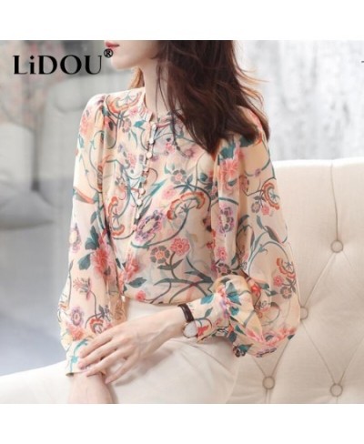 Spring Autumn Floral Printing Elegant Fashion Buttons Chiffon Blouse Top Women Long Sleeve Loose Casual All-match Shirt Femal...