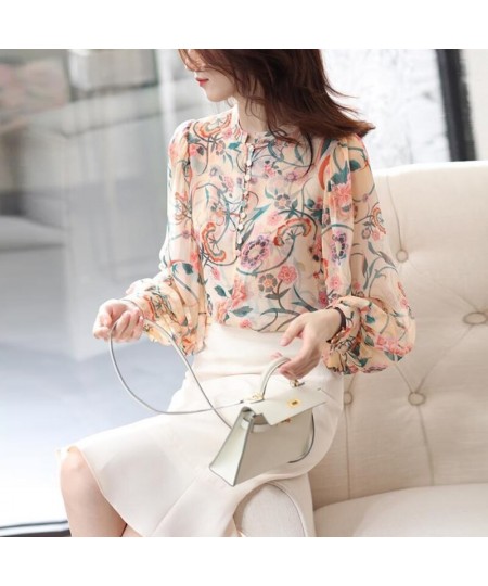 Spring Autumn Floral Printing Elegant Fashion Buttons Chiffon Blouse Top Women Long Sleeve Loose Casual All-match Shirt Femal...