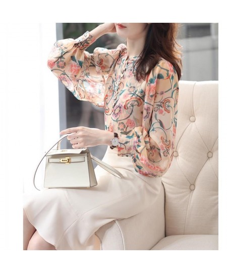 Spring Autumn Floral Printing Elegant Fashion Buttons Chiffon Blouse Top Women Long Sleeve Loose Casual All-match Shirt Femal...