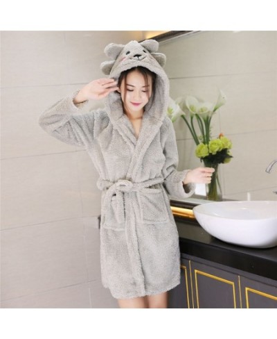 Hooded Print Animal Sleepwear Solid Colour Coral Fleece Lady Robe Belt Winter Warm Nightgown Full Sleeve Long Home Clothing $...