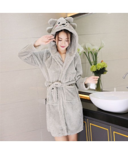 Hooded Print Animal Sleepwear Solid Colour Coral Fleece Lady Robe Belt Winter Warm Nightgown Full Sleeve Long Home Clothing $...