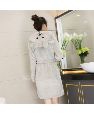 Hooded Print Animal Sleepwear Solid Colour Coral Fleece Lady Robe Belt Winter Warm Nightgown Full Sleeve Long Home Clothing $...