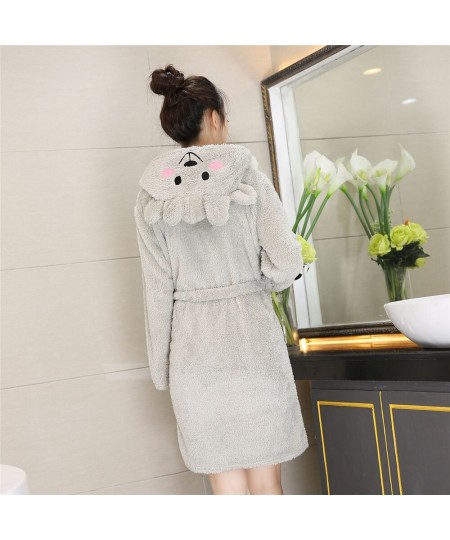 Hooded Print Animal Sleepwear Solid Colour Coral Fleece Lady Robe Belt Winter Warm Nightgown Full Sleeve Long Home Clothing $...