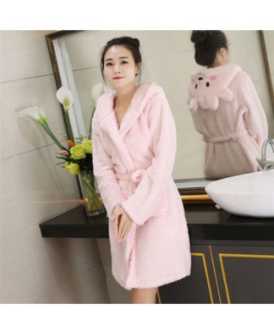 Hooded Print Animal Sleepwear Solid Colour Coral Fleece Lady Robe Belt Winter Warm Nightgown Full Sleeve Long Home Clothing $...