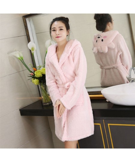 Hooded Print Animal Sleepwear Solid Colour Coral Fleece Lady Robe Belt Winter Warm Nightgown Full Sleeve Long Home Clothing $...