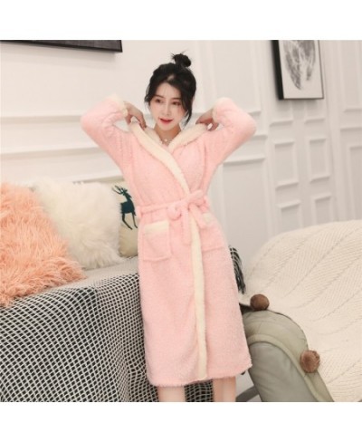 Hooded Print Animal Sleepwear Solid Colour Coral Fleece Lady Robe Belt Winter Warm Nightgown Full Sleeve Long Home Clothing $...