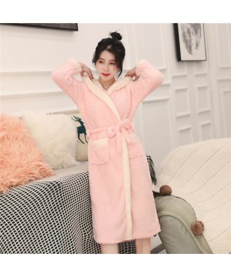 Hooded Print Animal Sleepwear Solid Colour Coral Fleece Lady Robe Belt Winter Warm Nightgown Full Sleeve Long Home Clothing $...