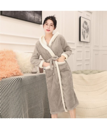 Hooded Print Animal Sleepwear Solid Colour Coral Fleece Lady Robe Belt Winter Warm Nightgown Full Sleeve Long Home Clothing $...