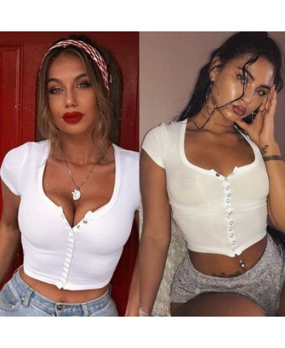 Fashion Sexy Women Short Sleeve Crop Top Button Vest Halter Casual White Tank Tops Blouse Short Shirt $12.85 - Tops & Tees