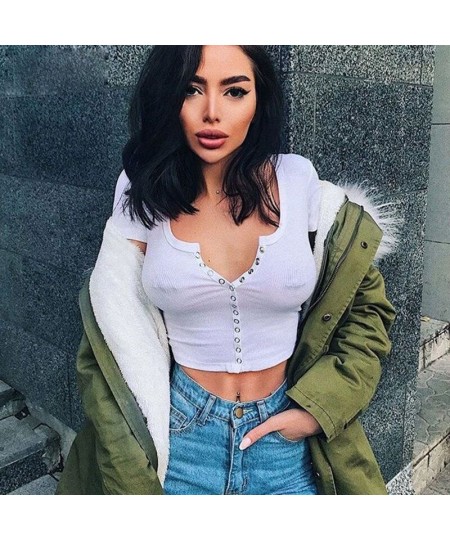 Fashion Sexy Women Short Sleeve Crop Top Button Vest Halter Casual White Tank Tops Blouse Short Shirt $12.85 - Tops & Tees