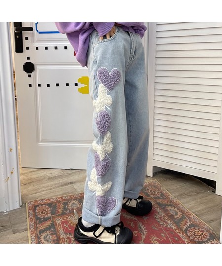 Embroidery Denim Baggy Pants Women Kawaii All-Match Straight Wide-Leg Jeans Harajuku style Female Loose Streetwear Trousers $...