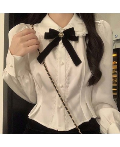 White Shirts Woman Kawaii Lace Lolita Blouses Sweet Tunics Fairycore Peter Pan Coller Crop Long Sleeve Tops Preppy Korean $31...