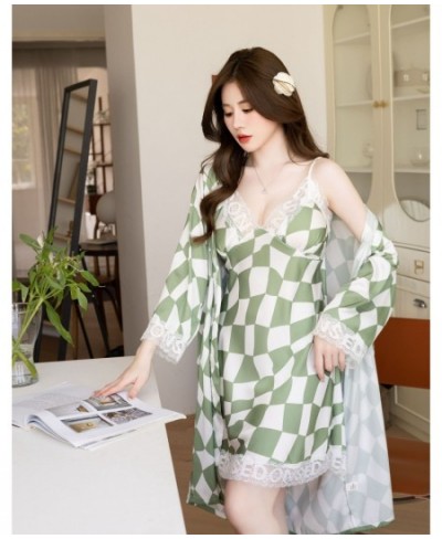 Sexy Lace Trim Plaid Printed Nightdress Sleepwear Bride Wedding Kimono Robe Set Summer Silky Satin Home Clothes $50.11 - Slee...