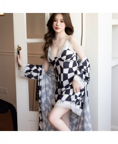 Sexy Lace Trim Plaid Printed Nightdress Sleepwear Bride Wedding Kimono Robe Set Summer Silky Satin Home Clothes $50.11 - Slee...