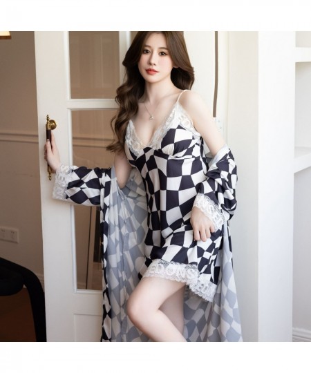 Sexy Lace Trim Plaid Printed Nightdress Sleepwear Bride Wedding Kimono Robe Set Summer Silky Satin Home Clothes $50.11 - Slee...