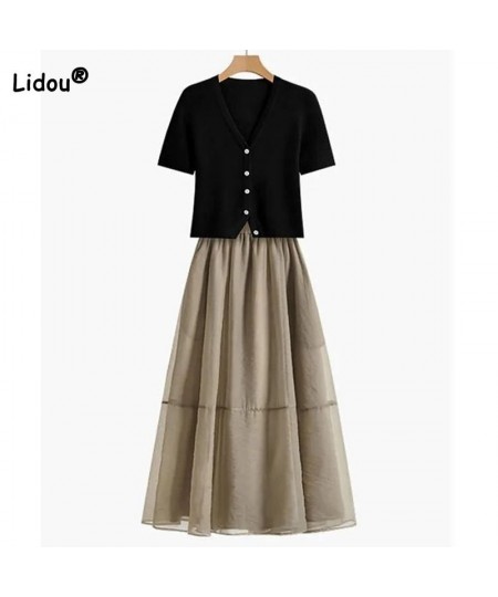 Fashion Solid Color V-Neck Button Tops Summer Short Sleeve Korean All-match Casual High Waist Skirt Two-piece Women's Clothin...