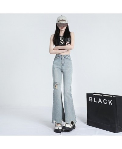 Light color ripped micro ripped jeans women's summer thin style high waist show thin person design sense irregular flare pant...