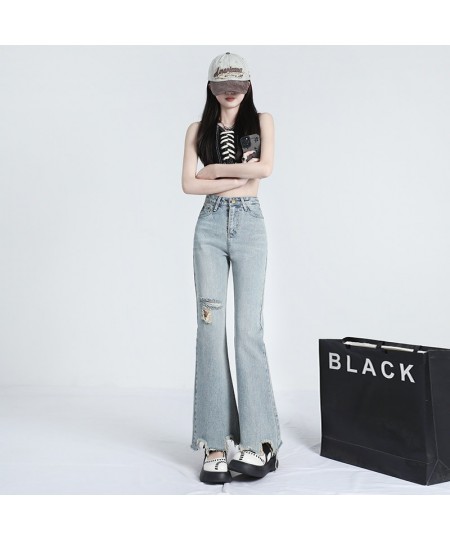 Light color ripped micro ripped jeans women's summer thin style high waist show thin person design sense irregular flare pant...