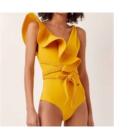 Swimwear Women 2022 Sexy One Piece Swimsuits Deep-v Beach Wear Shoulder Solid Ruffled Plus Size Bathing Suit Summer Micro $39...