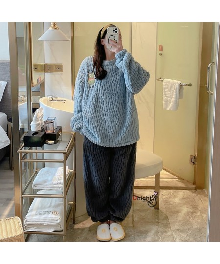 Winter Women Pajama Sets Cartoon Flannel Plus oversized Sleepwear Velvet Home Wear Thicker Coral Fleece Homewear Outwear M-7X...