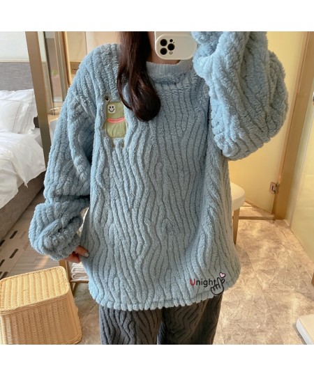 Winter Women Pajama Sets Cartoon Flannel Plus oversized Sleepwear Velvet Home Wear Thicker Coral Fleece Homewear Outwear M-7X...