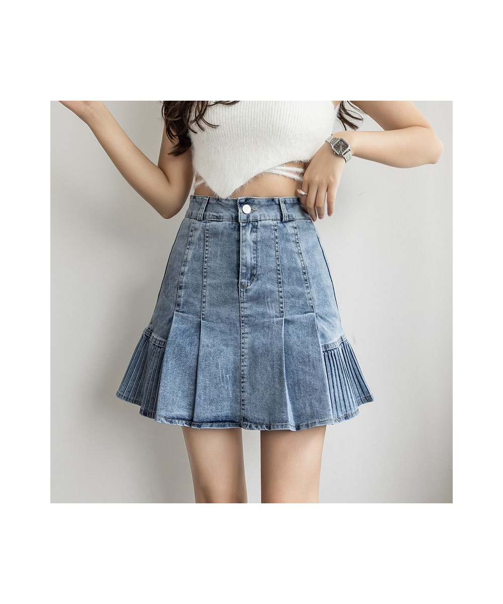 Fashion High Waist Pleated Skirts For Women Preppy Cute School Girl Summer Denim Mini Skirt A-Line Patchwork Mermaid Saia Jea...