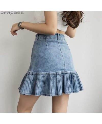 Fashion High Waist Pleated Skirts For Women Preppy Cute School Girl Summer Denim Mini Skirt A-Line Patchwork Mermaid Saia Jea...