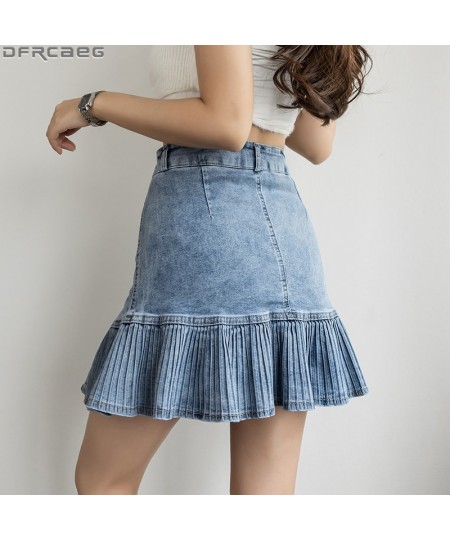 Fashion High Waist Pleated Skirts For Women Preppy Cute School Girl Summer Denim Mini Skirt A-Line Patchwork Mermaid Saia Jea...