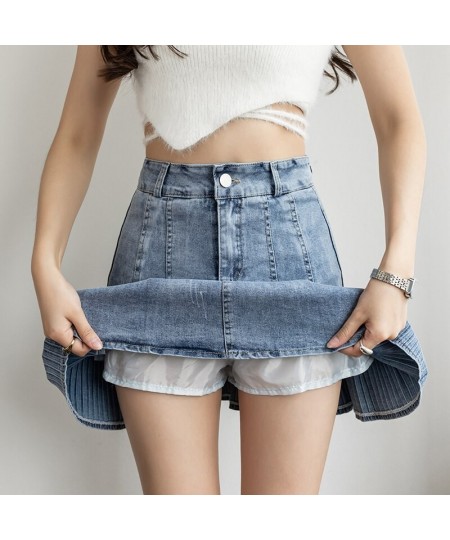 Fashion High Waist Pleated Skirts For Women Preppy Cute School Girl Summer Denim Mini Skirt A-Line Patchwork Mermaid Saia Jea...