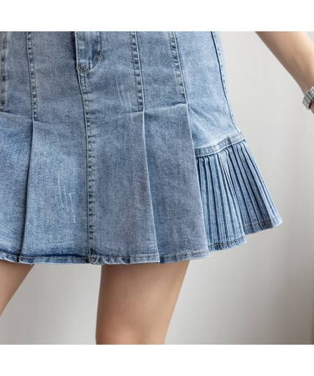 Fashion High Waist Pleated Skirts For Women Preppy Cute School Girl Summer Denim Mini Skirt A-Line Patchwork Mermaid Saia Jea...