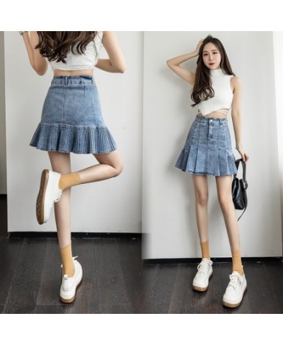 Fashion High Waist Pleated Skirts For Women Preppy Cute School Girl Summer Denim Mini Skirt A-Line Patchwork Mermaid Saia Jea...