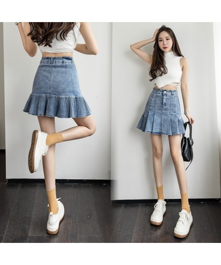 Fashion High Waist Pleated Skirts For Women Preppy Cute School Girl Summer Denim Mini Skirt A-Line Patchwork Mermaid Saia Jea...