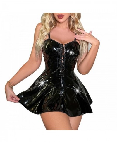 Women Glossy Latex Leather Flared Dress Ladies Lace-up Front Camisole Mini Dress with Headwear Suit Party Carnival Club Cloth...