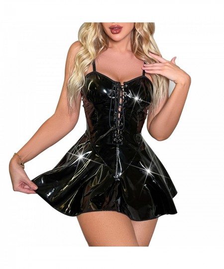 Women Glossy Latex Leather Flared Dress Ladies Lace-up Front Camisole Mini Dress with Headwear Suit Party Carnival Club Cloth...